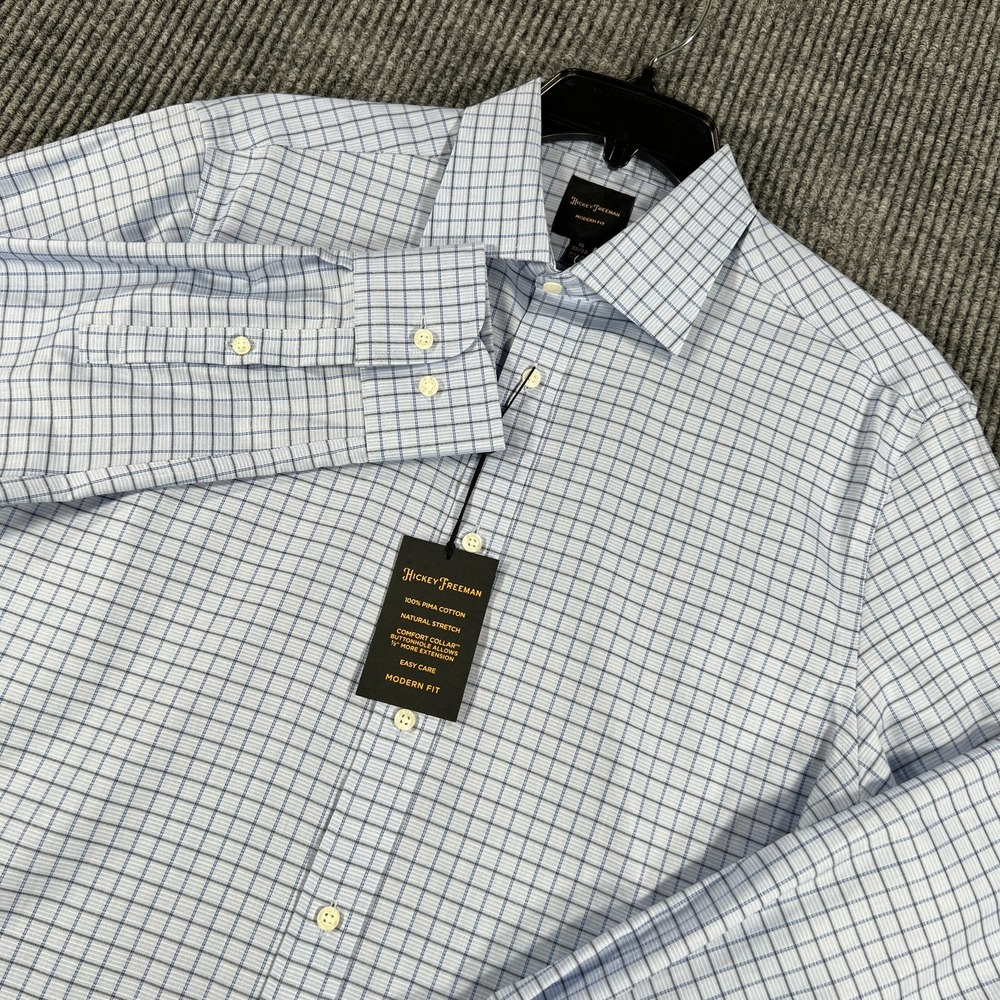 Hickey Freeman Shirt Mens 15 Small Blue Check Long Sleeve Button Up Dress New